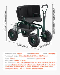 Rolling Garden Cart with Swivel Seat Wheels Extendable Handle Storage Box