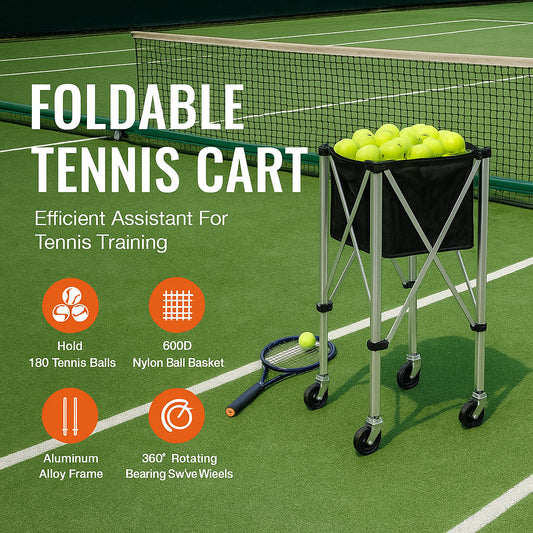 Foldable Tennis Ball Hopper, Holds 180 Tennis Balls, Lightweight Aluminum Alloy Tennis Ball Basket Cart with Wheels, Removable Bag, Carry Bag, Portable Sports Teaching Cart for Tennis Player