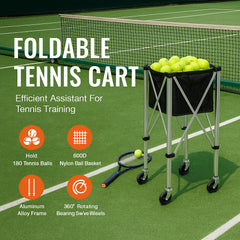 Foldable Tennis Ball Hopper, Holds 180 Tennis Balls, Lightweight Aluminum Alloy Tennis Ball Basket Cart with Wheels, Removable Bag, Carry Bag, Portable Sports Teaching Cart for Tennis Player