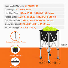 Foldable Tennis Ball Hopper, Holds 180 Tennis Balls, Lightweight Aluminum Alloy Tennis Ball Basket Cart with Wheels, Removable Bag, Carry Bag, Portable Sports Teaching Cart for Tennis Player