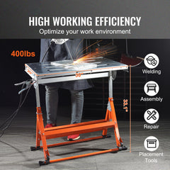 Welding Table 30" x 20", 400lbs Load Capacity Steel Welding Workbench Table on Wheels, Folding Work Bench with Three 1.1" Slot, 3 Tilt Angles, Adjustable Height, Retractable Guide Rails