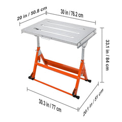 Welding Table 30" x 20", 400lbs Load Capacity Steel Welding Workbench Table on Wheels, Folding Work Bench with Three 1.1" Slot, 3 Tilt Angles, Adjustable Height, Retractable Guide Rails
