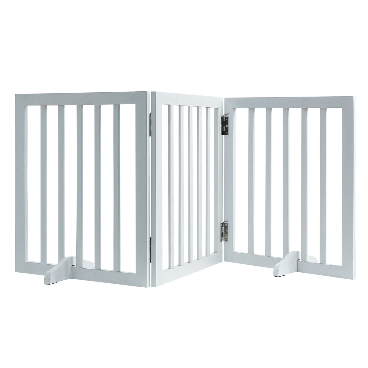 Free Standing Dog Gate, 24" H x 60" W Freestanding Pet Gate, 3 Panels Foldable Dog Gate for Wide and Narrow Passageways, Expandable Dog Barrier with Silent Foot Support for Indoor, White