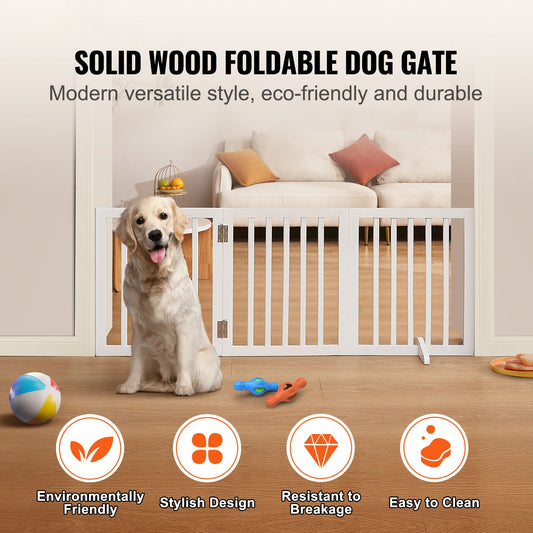 Free Standing Dog Gate, 24" H x 60" W Freestanding Pet Gate, 3 Panels Foldable Dog Gate for Wide and Narrow Passageways, Expandable Dog Barrier with Silent Foot Support for Indoor, White