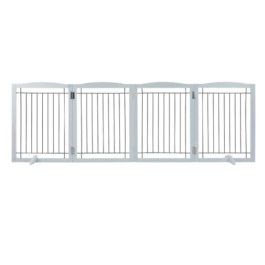 Free Standing Dog Gate, 32" H x 96.5" W Freestanding Pet Gate, 4 Panels Foldable Dog Gate for Wide and Narrow Passageways, Expandable Dog Barrier with Silent Foot Support for Indoor, White