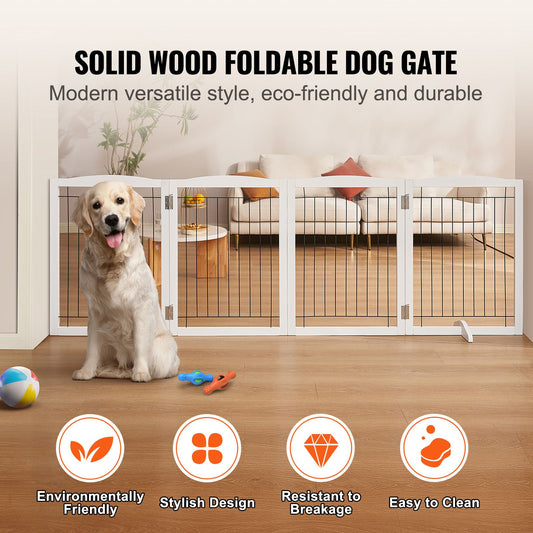 Free Standing Dog Gate, 32" H x 96.5" W Freestanding Pet Gate, 4 Panels Foldable Dog Gate for Wide and Narrow Passageways, Expandable Dog Barrier with Silent Foot Support for Indoor, White