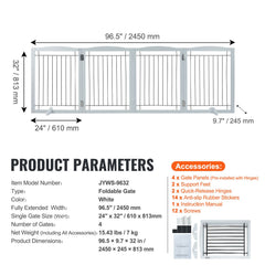 Free Standing Dog Gate, 32" H x 96.5" W Freestanding Pet Gate, 4 Panels Foldable Dog Gate for Wide and Narrow Passageways, Expandable Dog Barrier with Silent Foot Support for Indoor, White
