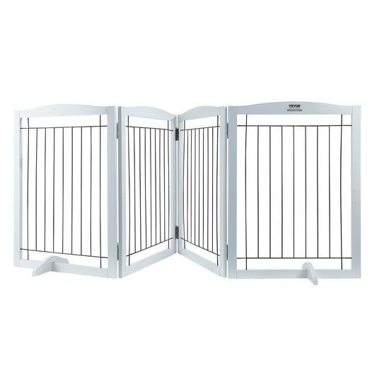 Free Standing Dog Gate, 32" H x 96.5" W Freestanding Pet Gate, 4 Panels Foldable Dog Gate for Wide and Narrow Passageways, Expandable Dog Barrier with Silent Foot Support for Indoor, White
