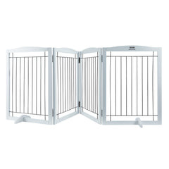 Free Standing Dog Gate, 32" H x 96.5" W Freestanding Pet Gate, 4 Panels Foldable Dog Gate for Wide and Narrow Passageways, Expandable Dog Barrier with Silent Foot Support for Indoor, White