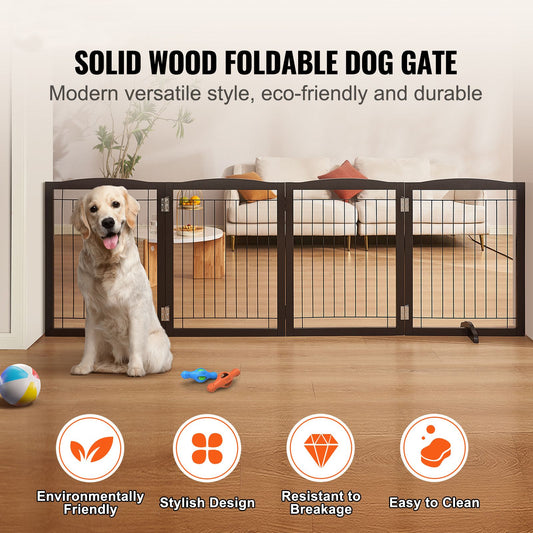 Free Standing Dog Gate 32x96.5 inch Freestanding Pet Gate Foldable Brown