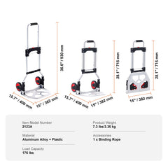 Folding Hand Truck, 80 kg Load Capacity, Aluminum Portable Cart, Convertible Hand Truck and Dolly with Telescoping Handle and Rubber Wheels, Ultra Lightweight Super Strong for Moving Warehouse