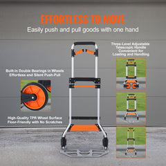 Folding Hand Truck, 140 kg Load Capacity, Aluminum Portable Cart, Convertible Hand Truck and Dolly with Telescoping Handle and PP+TPR Wheels, Ultra Lightweight Super Strong for Moving Warehouse
