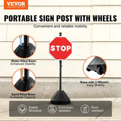 Portable Sign Post, 5 ft Cast Iron Sign Post Holder with Hard Plastic Base & Wheels,  Movable Parking Sign Stand for No Parking Street Signs, Handicap Parking Sign,  with Base, Bolts Nuts, Black