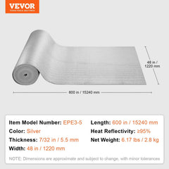 Double Reflective Insulation Roll, Foam Core Radiant Barrier, 5.5mm 48 in x 50 ft, Double-Sided Aluminum Foil EPE Foam Heat Reflective Shield, Thermal Insulation Roll for Window RV Roof