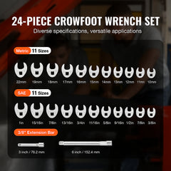 3/8" Drive Crowfoot Wrench Set with 2 Extension Bars, 24-Piece Crows Foot Wrench Set, SAE 3/8"-1" and Metric 10-22 mm, CR-MO Steel Crowfoot Wrench Set, with EVA Tool Organizer