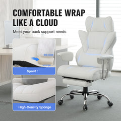 Reclining Office Chair with Footrest, Heavy Duty PU Leather Wide Office Chair, Big and Tall Executive Office Chairs with Lumbar Support, Strong Metal Base Quiet Wheels, White