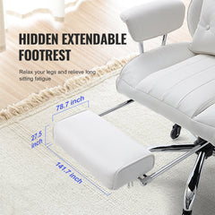 Reclining Office Chair with Footrest, Heavy Duty PU Leather Wide Office Chair, Big and Tall Executive Office Chairs with Lumbar Support, Strong Metal Base Quiet Wheels, White