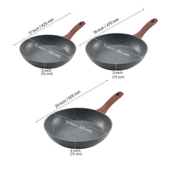 Frying Pan Skillet, Aluminum Egg Fry Pans, 3 Piece Set (250, 280, 325 mm), Nonsitck Heavy-Duty Skillets with Heat-Resistant Handle, Chef's Kitchen Cookware, for Gas, Electric, Induction, Grey