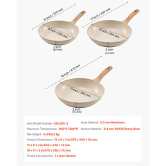 Frying Pan Skillet, Aluminum Egg Fry Pans, 3 Pcs (200, 240, 280 mm), Nonsitck Ceramic Heavy-Duty Skillets with Heat-Resistant Handle, Chef's Kitchen Cookware for Gas, Electric, Induction, Beige