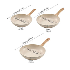 Frying Pan Skillet, Aluminum Egg Fry Pans, 3 Pcs (200, 240, 280 mm), Nonsitck Ceramic Heavy-Duty Skillets with Heat-Resistant Handle, Chef's Kitchen Cookware for Gas, Electric, Induction, Beige