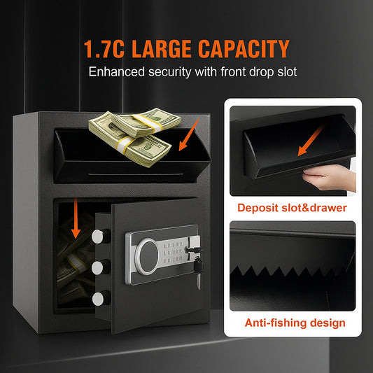 1.7 Cub Depository Safe, Deposit Safe with Drop Slot, Electronic Code Lock and 2 Emergency Keys, 17.71'' x 13.77'' x 13.77'' Business Drop Slot Safe for Cash, Mail in Home, Hotel, Office