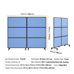 Acoustic Room Divider Partition Panel Privacy Screen 2 Pack Indigo Blue