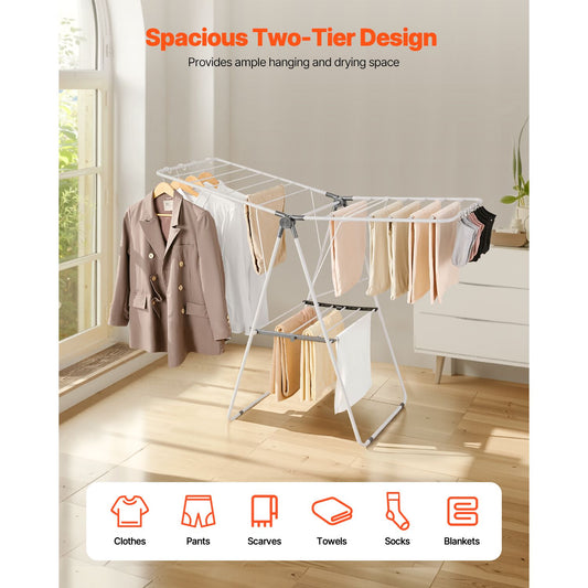 2-Tier Foldable Clothes Drying Rack with Sock Clips & 21 Drying Rods White