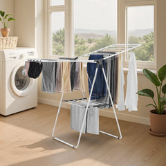 2-Tier Foldable Clothes Drying Rack with Sock Clips & 21 Drying Rods White
