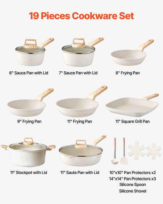 19 Piece Pots and Pans Set Nonstick, Granite Cookware Set, Induction Cookwares, Kitchen RV Cooking Sets with Frying, Sauce, Saute, Tempered Glass Lids, and Pan Protectors, White