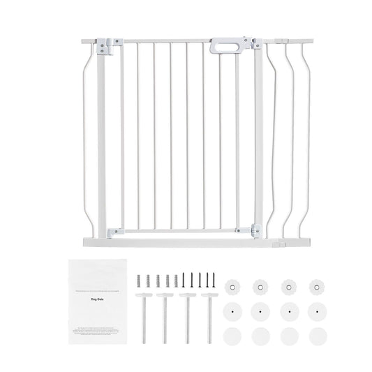 Baby Gate, 749-990 mm Extra Wide, 762 mm High, Dog Gate for Stairs Doorways and House, Easy Step Walk Thru Auto Close Child Gate Pet Security Gate with Pressure Mount Kit & Wall Mount Kit, White