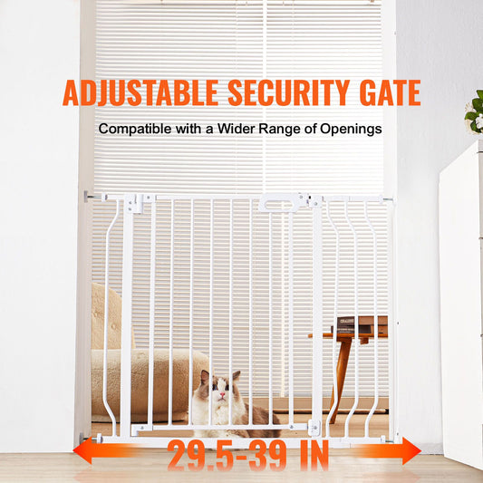 Baby Gate, 749-990 mm Extra Wide, 762 mm High, Dog Gate for Stairs Doorways and House, Easy Step Walk Thru Auto Close Child Gate Pet Security Gate with Pressure Mount Kit & Wall Mount Kit, White