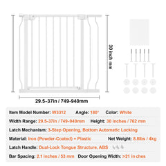 Baby Gate, 749-990 mm Extra Wide, 762 mm High, Dog Gate for Stairs Doorways and House, Easy Step Walk Thru Auto Close Child Gate Pet Security Gate with Pressure Mount Kit & Wall Mount Kit, White
