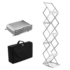 Literature Rack, 6 Pockets, Pop up Aluminum Magazine Rack, Lightweight Catalog Holder Stand w/Carrying Bag for Living Room, Hotel, Trade Show, Exhibition, Office