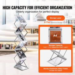 Literature Rack, 6 Pockets, Pop up Aluminum Magazine Rack, Lightweight Catalog Holder Stand w/Carrying Bag for Living Room, Hotel, Trade Show, Exhibition, Office