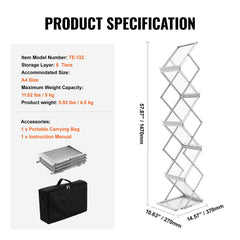 Literature Rack, 6 Pockets, Pop up Aluminum Magazine Rack, Lightweight Catalog Holder Stand w/Carrying Bag for Living Room, Hotel, Trade Show, Exhibition, Office