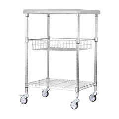 Kitchen Utility Cart, 3 Tiers, Wire Rolling Cart with 213kg Capacity, Steel Service Cart on Wheels, Metal Storage Trolley with 76mm Basket Curved Handle PP Liner 6 Hooks, for Indoor and Outdoor
