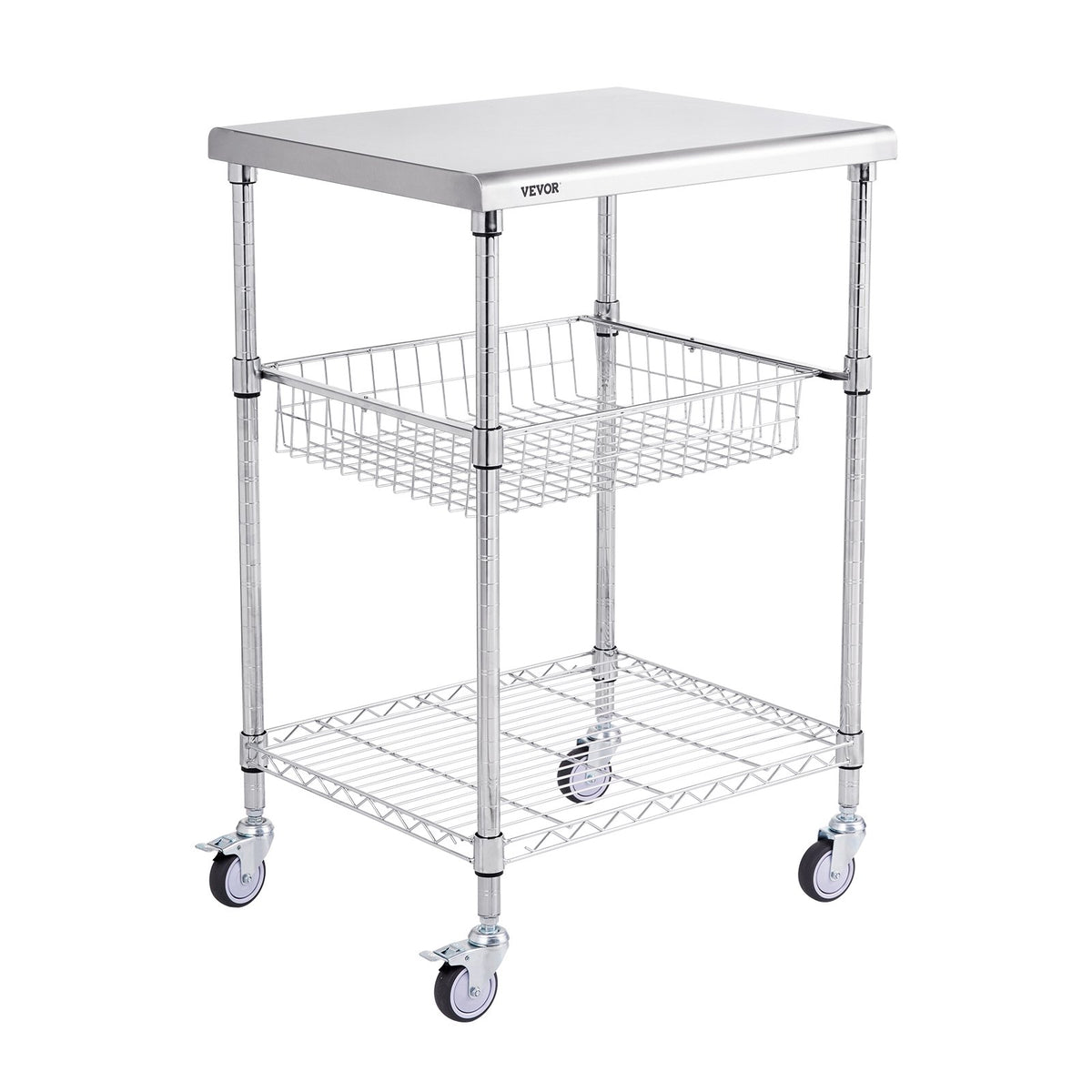 Kitchen Utility Cart, 3 Tiers, Wire Rolling Cart with 213kg Capacity, Steel Service Cart on Wheels, Metal Storage Trolley with 76mm Basket Curved Handle PP Liner 6 Hooks, for Indoor and Outdoor