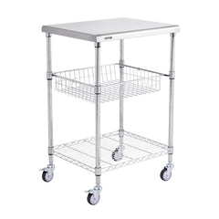 Kitchen Utility Cart, 3 Tiers, Wire Rolling Cart with 213kg Capacity, Steel Service Cart on Wheels, Metal Storage Trolley with 76mm Basket Curved Handle PP Liner 6 Hooks, for Indoor and Outdoor