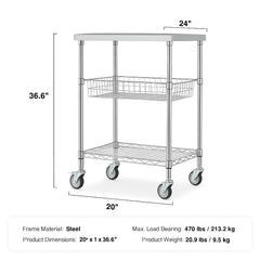 Kitchen Utility Cart, 3 Tiers, Wire Rolling Cart with 213kg Capacity, Steel Service Cart on Wheels, Metal Storage Trolley with 76mm Basket Curved Handle PP Liner 6 Hooks, for Indoor and Outdoor