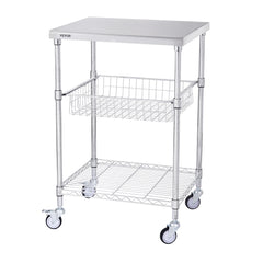 Kitchen Utility Cart, 3 Tiers, Wire Rolling Cart with 213kg Capacity, Steel Service Cart on Wheels, Metal Storage Trolley with 76mm Basket Curved Handle PP Liner 6 Hooks, for Indoor and Outdoor