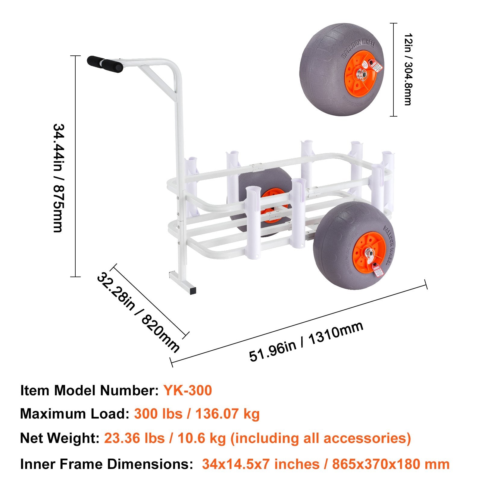 Measurement chart of a white cart with gray wheels, showing dimensions and specifications.