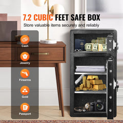 Double Doors 7.2 cu.ft Safe Box with Key Lock & Password, Safe Lock Box with Fireproof Bag, Key Rack, LED Light and 2 Height Adjustable and Removable Divider for Money, Documents, Jewelry and Valuables, Black