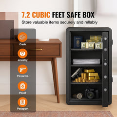 Double Doors 7.2 cu.ft Safe Box with Key Lock & Password, Safe Lock Box with Fireproof Bag, Key Rack, LED Light and 2 Height Adjustable and Removable Divider for Money, Documents, Jewelry and Valuables, Black