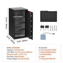 Double Doors 7.2 cu.ft Safe Box with Key Lock & Password, Safe Lock Box with Fireproof Bag, Key Rack, LED Light and 2 Height Adjustable and Removable Divider for Money, Documents, Jewelry and Valuables, Black
