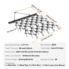 Drag Harrow, 4'x4' Heavy-Duty Chain Harrow with 69 Teeth, ATV UTV Tractor Attachments Field Drag Mat for Sod Prepping, Seeding Lawns, Landscape Leveling, Harrow Rake for Gravel Driveway Yard