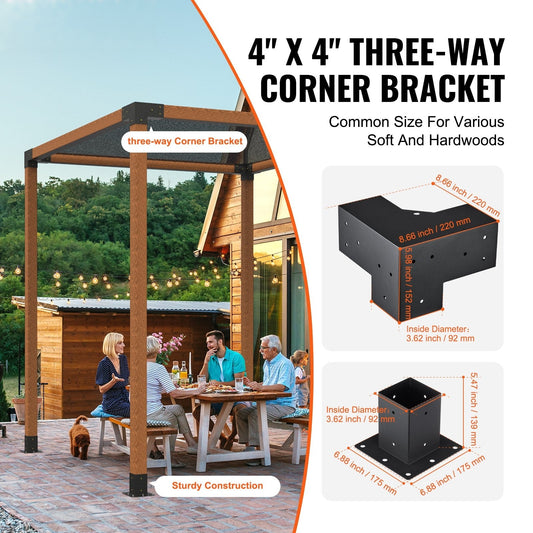 Pergola Bracket Kit 4''x4''(inner 3.6''x3.6''), 8pcs (4pcs 3-Way,4pcs Base) Heavy Duty Corner Bracket Woodworks DIY Post Base Kit, Wooden Beams for Gazebos, Patio Pergolas, Log Cabin Outdoor