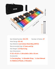 Glockenspiel Xylophone, 27 Notes, Professional Xylophone Percussion Instrument, with Colorful Metal Keys, Includes 4 Mallets, Carrying Bag, Beginner Musical Instrument Kit for Adults and Kids