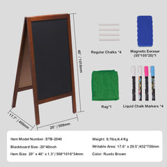 VEOVR A Frame Chalkboard Sign, 50x102 cm Double-Sided Sidewalk Signs, Freestanding Vintage Wooden Chalk Board with Chalks & Magnetic Eraser, Rustic Brown Outdoor Sandwich Board Kitchen Home Wedding