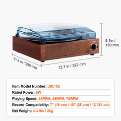 Bluetooth Vinyl Record Player 3-Speed Belt Driven Turntable 5W Speakers