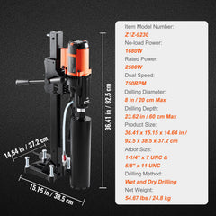Diamond Core Drilling Machine, 8in Wet&Dry Concrete Core Drill Rig with Stand, 750RPM Speed & 1-1/4" 5/8" Thread & Lifting Handle, 8in Drilling Diameter for Concrete Brick Block Stone, 2500W